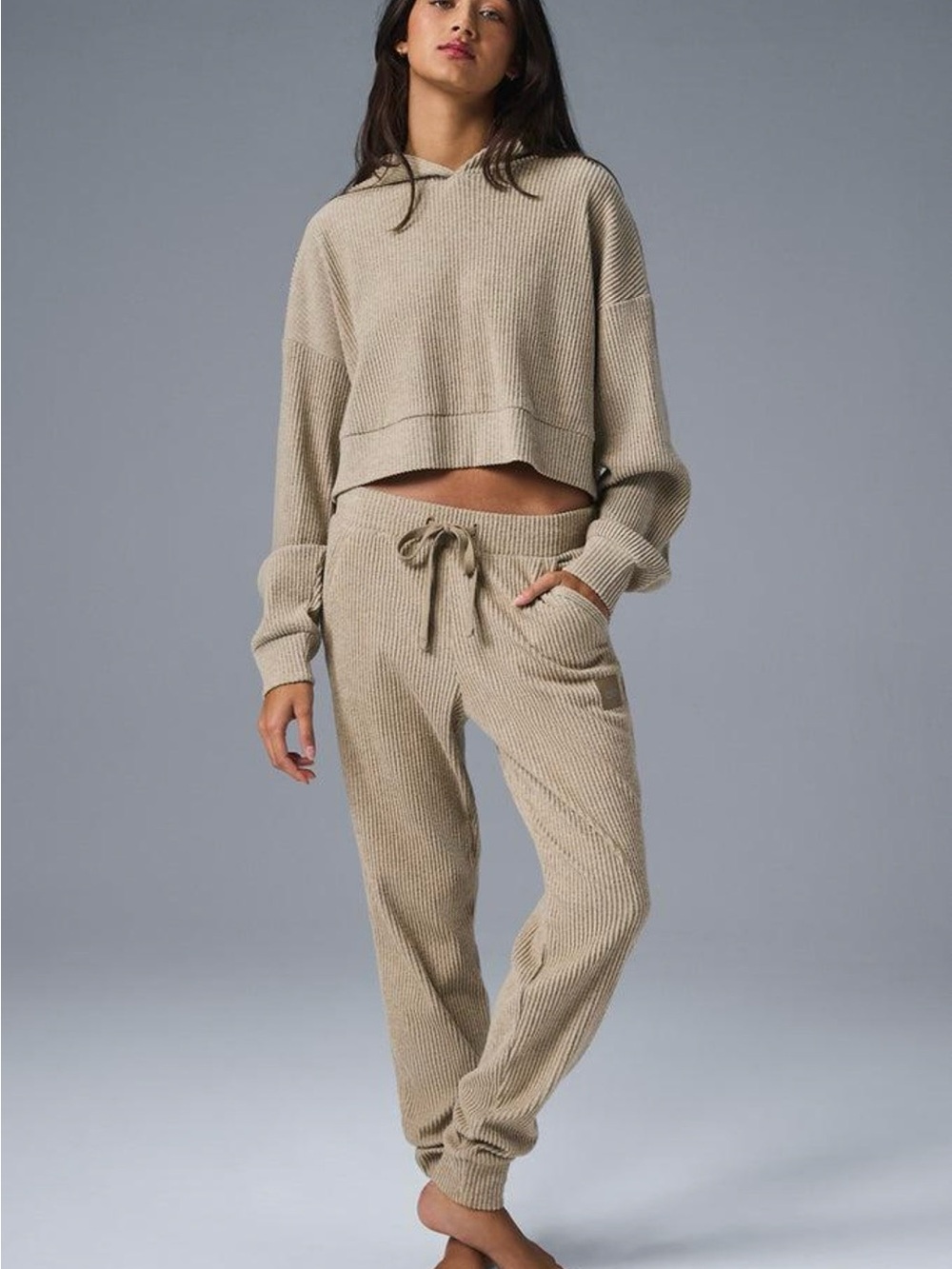 Alo Yoga Muse Hoodie & Sweatpant Matching Set Beige Size M